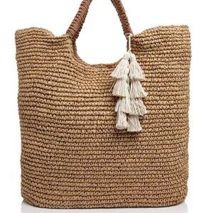 Fallon & Royce Woven Straw Raffia Large Oversized Tan Brown Tote Beach Bag